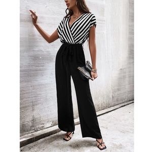 Striped Top V-Neck Surplice Short Sleeve White Black Wide Leg Jumpsuit